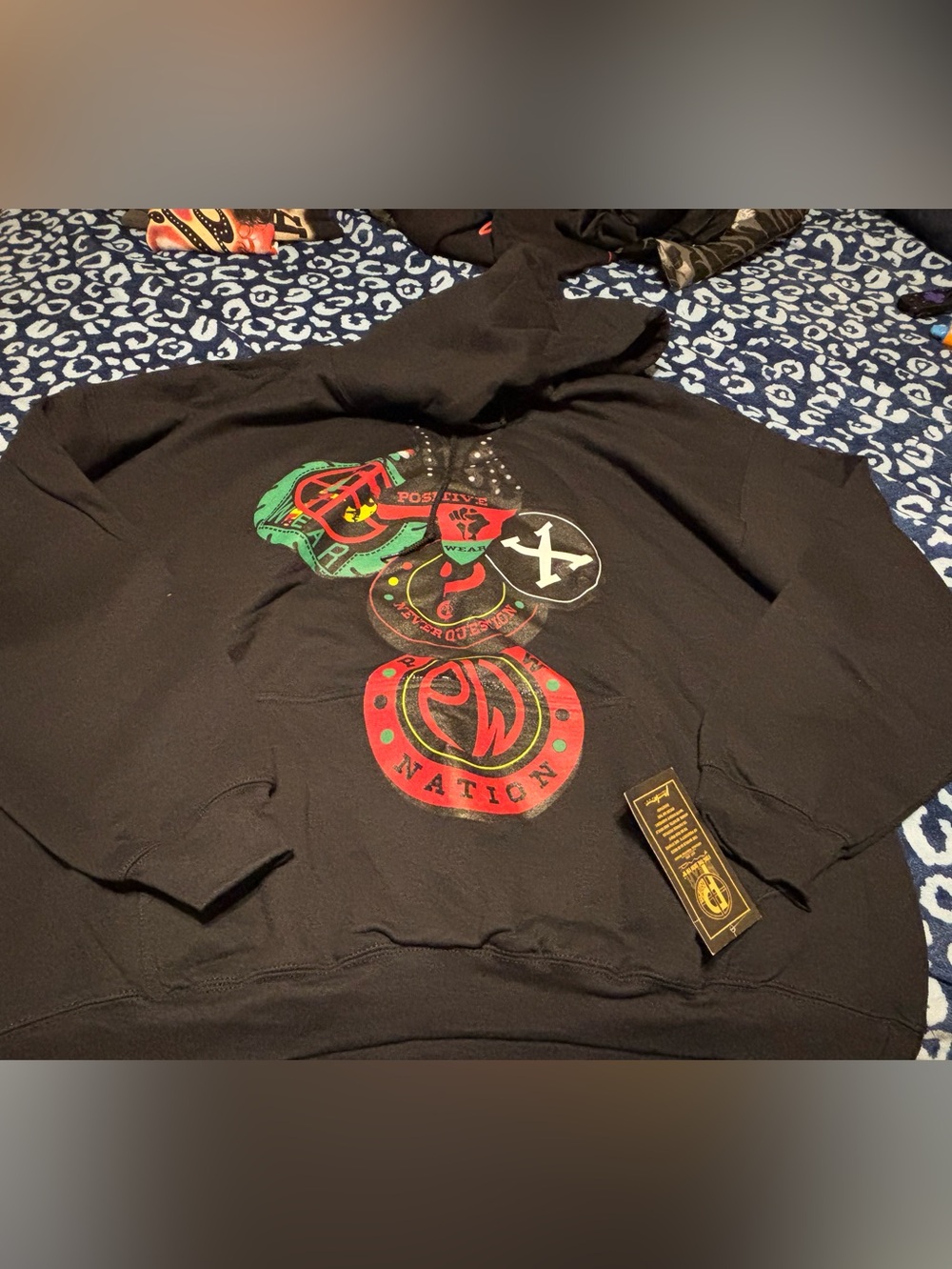 Men's Black Zip-Up Hoodie with Red & Green Graphic Patch Design